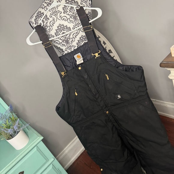 Carhartt Lined Zip Front Cargo Bib Overalls Size 42x30 Black - Picture 2 of 16